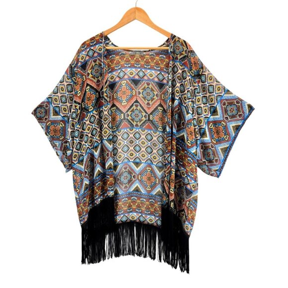 Kimono Boho Tribal Black Fringe Cardigan M by B_envied Wrap Gypsey Floral - Picture 13 of 13